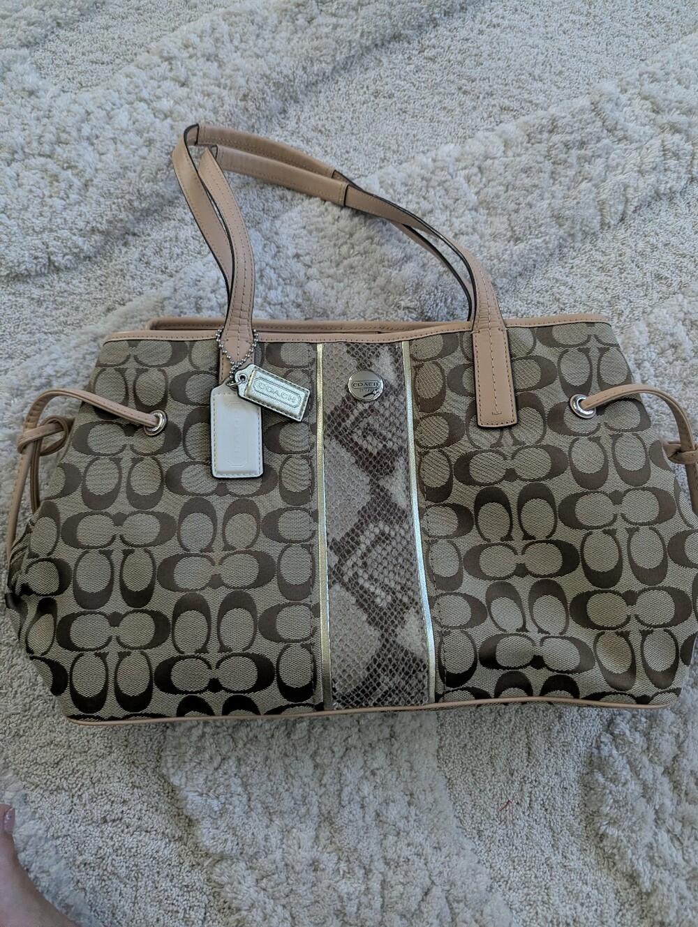 Coach Brown & Tan Signature Tote with Snake-Trim Center